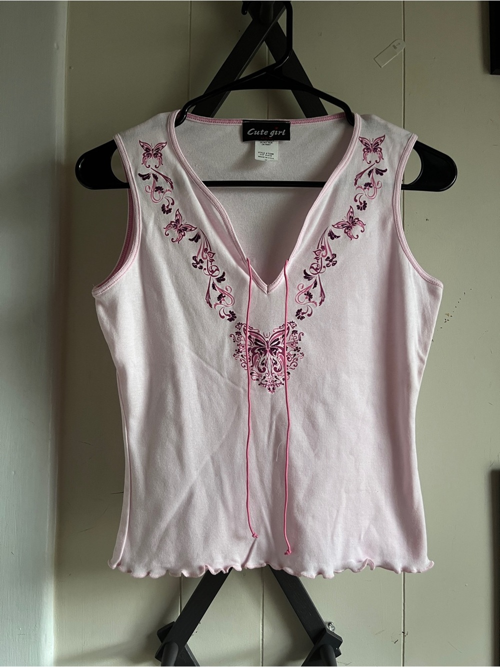 Y2K Vintage Cute Girl Pink Butterfly V-Neck Tank Top